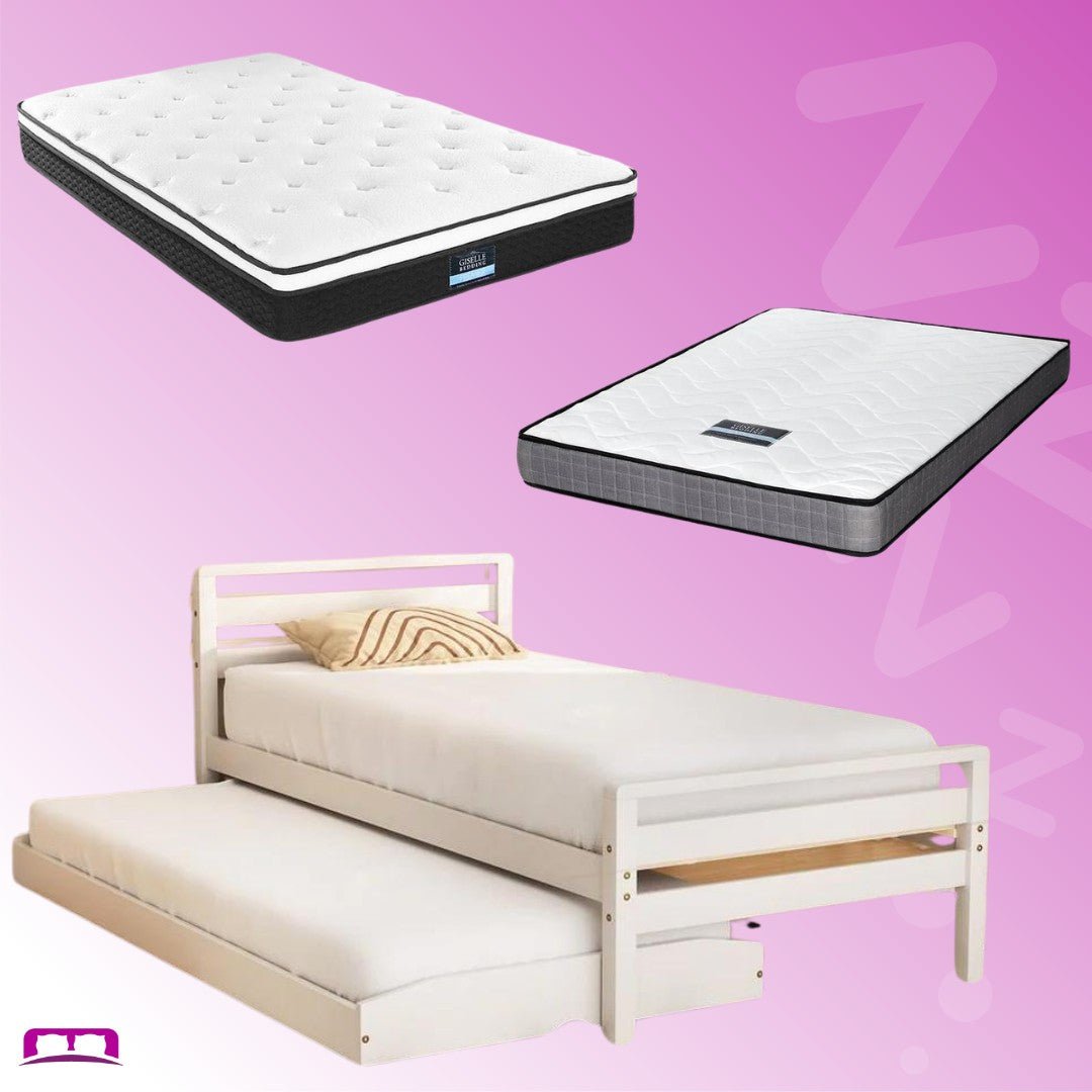 Single Package | Avis Wooden Trundle Bed Frame White, Bonita Pillow Top Mattress (Medium Firm) & Alessio Series Trundle Mattress (Medium Firm) - Bedzy Australia