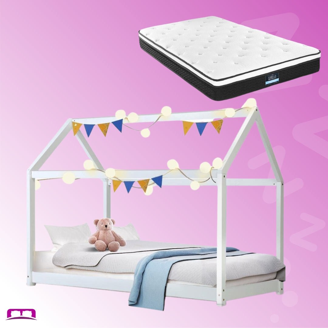 Single Package | Kids Casa Wooden Bed Frame White & Bonita Pillow Top Mattress (Medium Firm) - Bedzy Australia