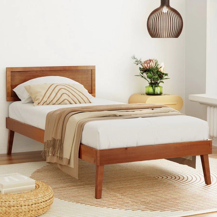 Single Premium Package | Splay Wooden Bed Frame Walnut, Algarve Euro Top Pocket Spring Mattress (Medium Firm) & Pillowtop Mattress Topper - Bedzy Australia