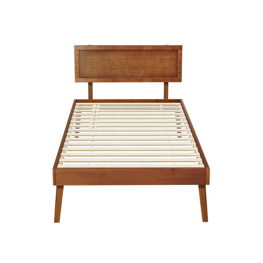 Single Premium Package | Splay Wooden Bed Frame Walnut, Algarve Euro Top Pocket Spring Mattress (Medium Firm) & Pillowtop Mattress Topper - Bedzy Australia