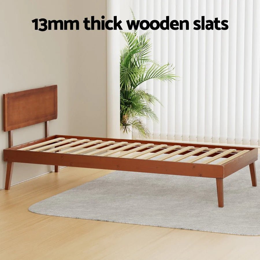 Single Premium Package | Splay Wooden Bed Frame Walnut, Algarve Euro Top Pocket Spring Mattress (Medium Firm) & Pillowtop Mattress Topper - Bedzy Australia