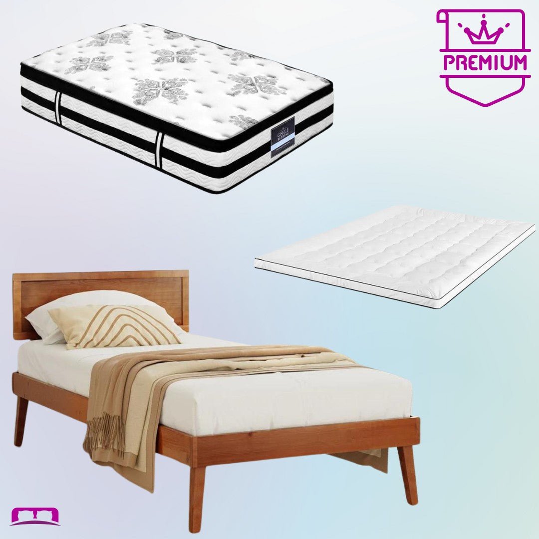 Single Premium Package | Splay Wooden Bed Frame Walnut, Algarve Euro Top Pocket Spring Mattress (Medium Firm) & Pillowtop Mattress Topper - Bedzy Australia