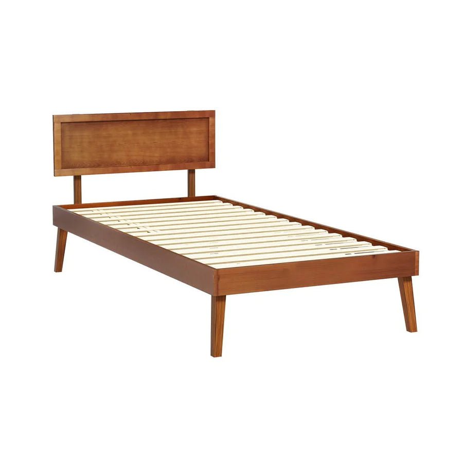 Single Premium Package | Splay Wooden Bed Frame Walnut, Algarve Euro Top Pocket Spring Mattress (Medium Firm) & Pillowtop Mattress Topper - Bedzy Australia