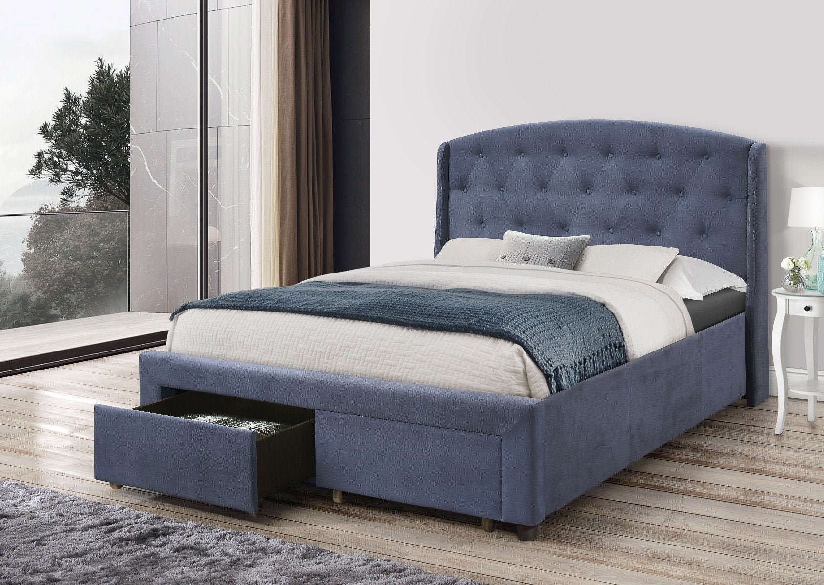 Stella Queen Bed Frame Navy Blue - Bedzy Australia