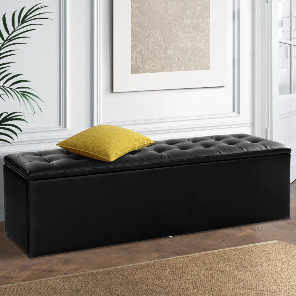 Storage Ottoman Blanket Box Black LARGE Leather Rest Chest Toy Foot Stool - Bedzy Australia