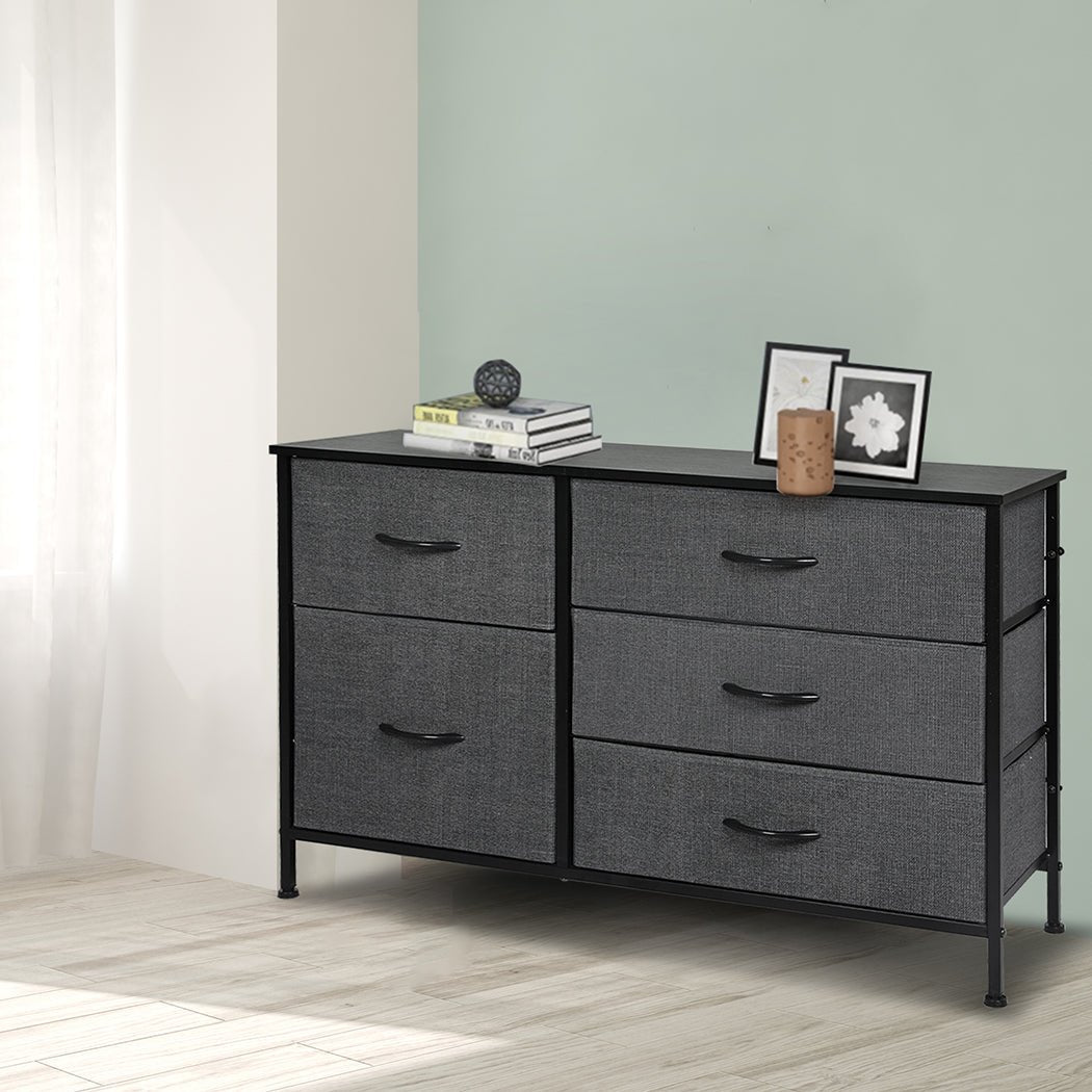 Stylish Grey Storage Cabinet Lowboy with 5 Drawers - Grey - Furniture - Bedzy Australia