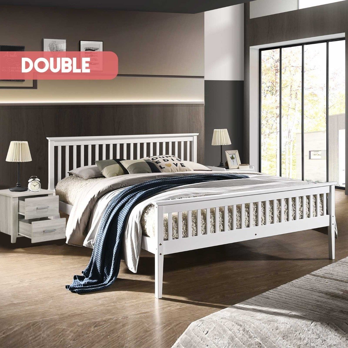 Wooden Double Bed Frame White - Bedzy Australia