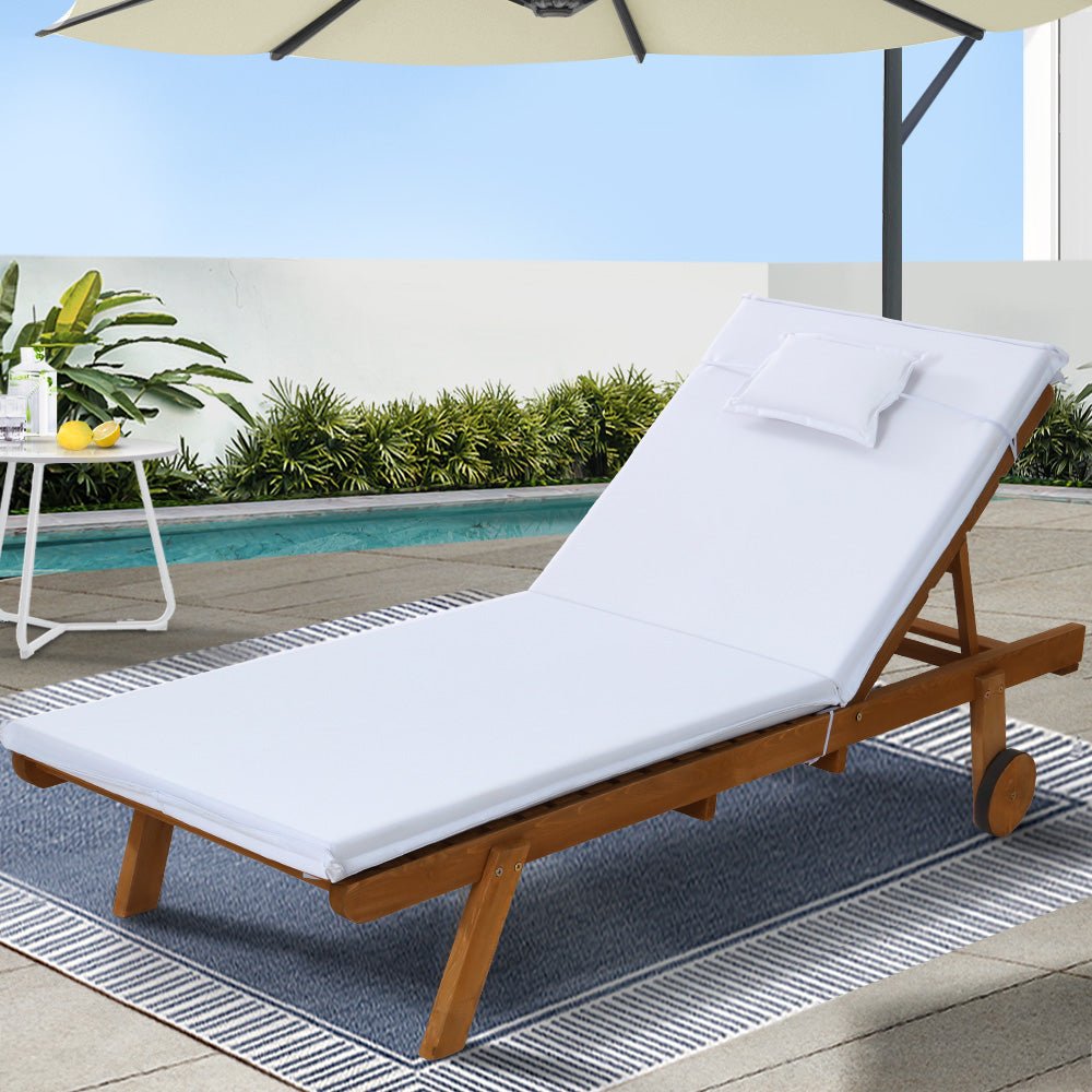 Wooden Sun Lounger Wheel Patio White - Furniture > Outdoor - Bedzy Australia